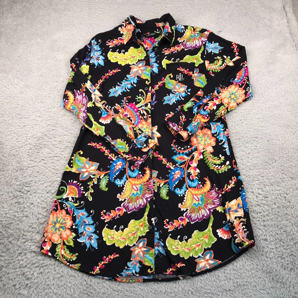 LRL Ralph Lauren Shirt Dress Womens S Black Colorful Artsy Floral Button Front